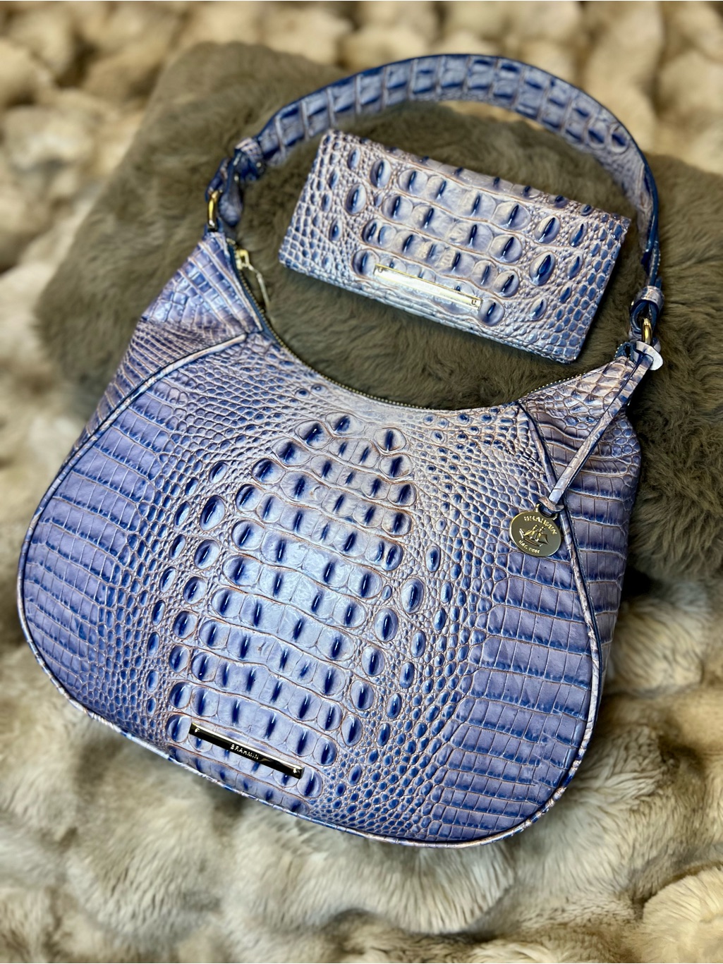 Brahmin Melbourne Amira Bag & Matching Wallet In Bellbottom Blue (Retail $470)